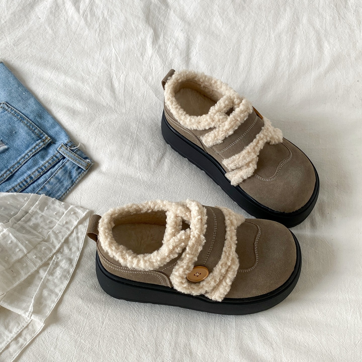 喜叔棕色厚底加绒面包棉鞋女2025冬季新款魔术贴毛毛鞋保暖雪地靴,淘宝优惠券,粉丝福利购,淘宝优惠卷