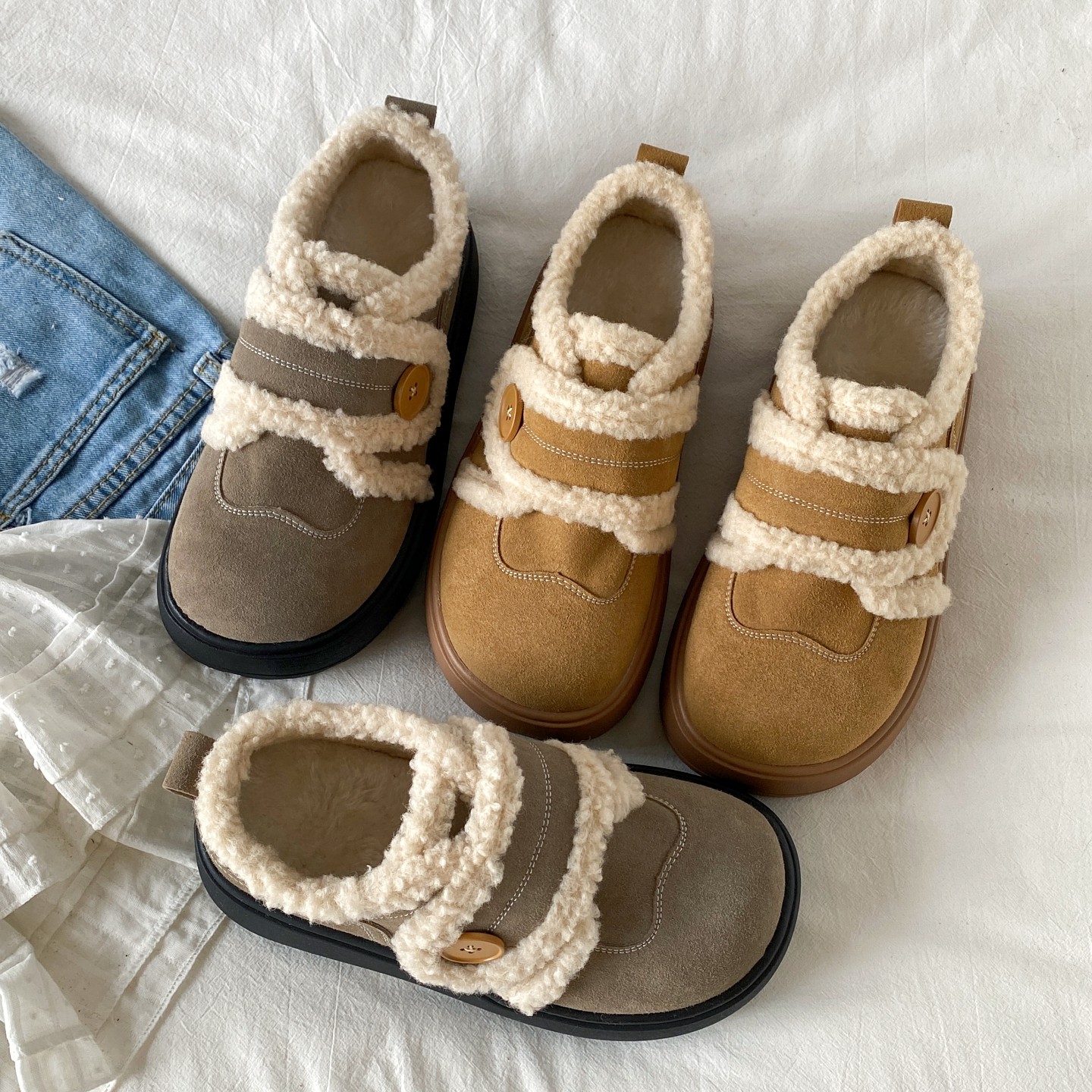 喜叔棕色厚底加绒面包棉鞋女2025冬季新款魔术贴毛毛鞋保暖雪地靴,淘宝优惠券,粉丝福利购,淘宝优惠卷