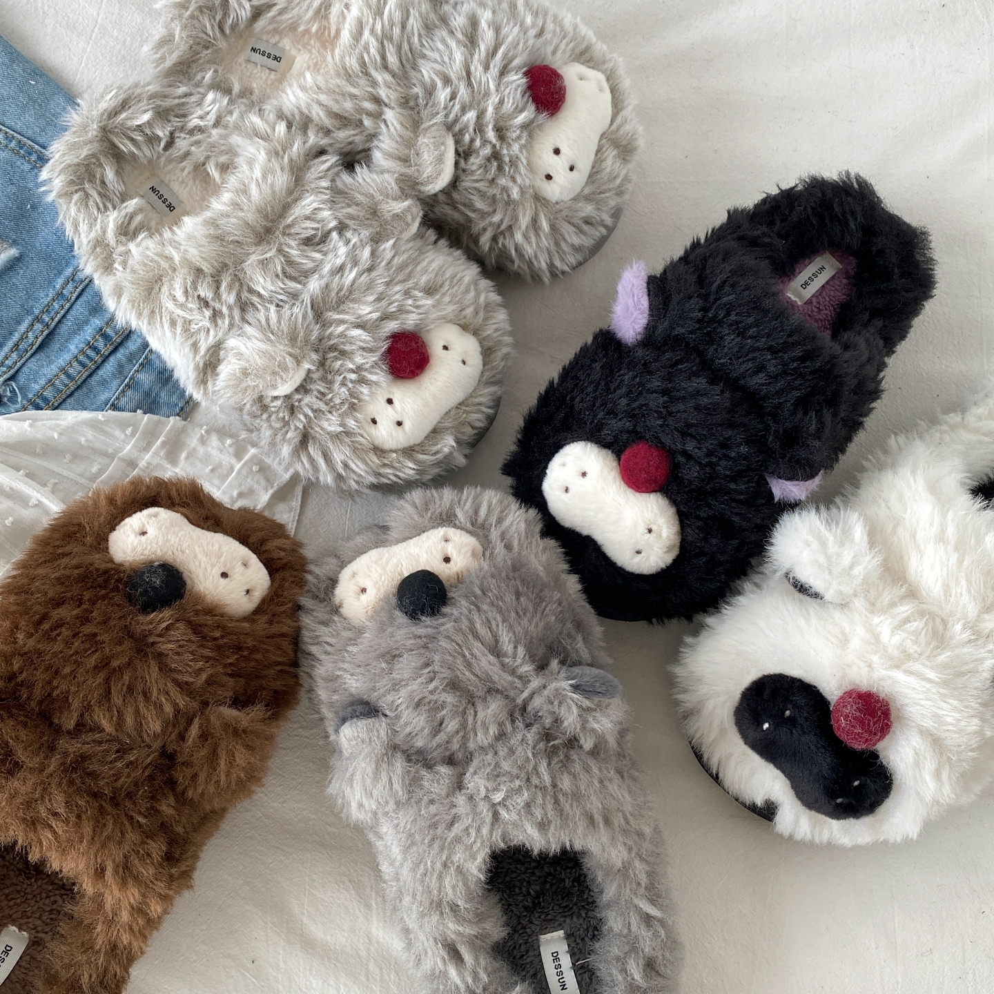 喜叔 灰色可爱卡通毛绒棉拖鞋女外穿秋冬季保暖室内防滑毛毛拖鞋 - 图1