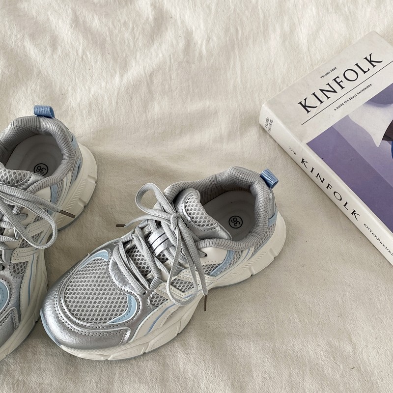 喜叔 爆款银色双网透气运动鞋女2025新款夏季厚底休闲老爹鞋ins潮,淘宝优惠券,粉丝福利购,淘宝优惠卷