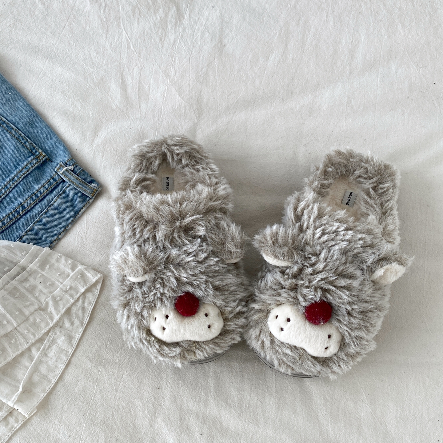 喜叔 灰色可爱卡通毛绒棉拖鞋女外穿秋冬季保暖室内防滑毛毛拖鞋 - 图0