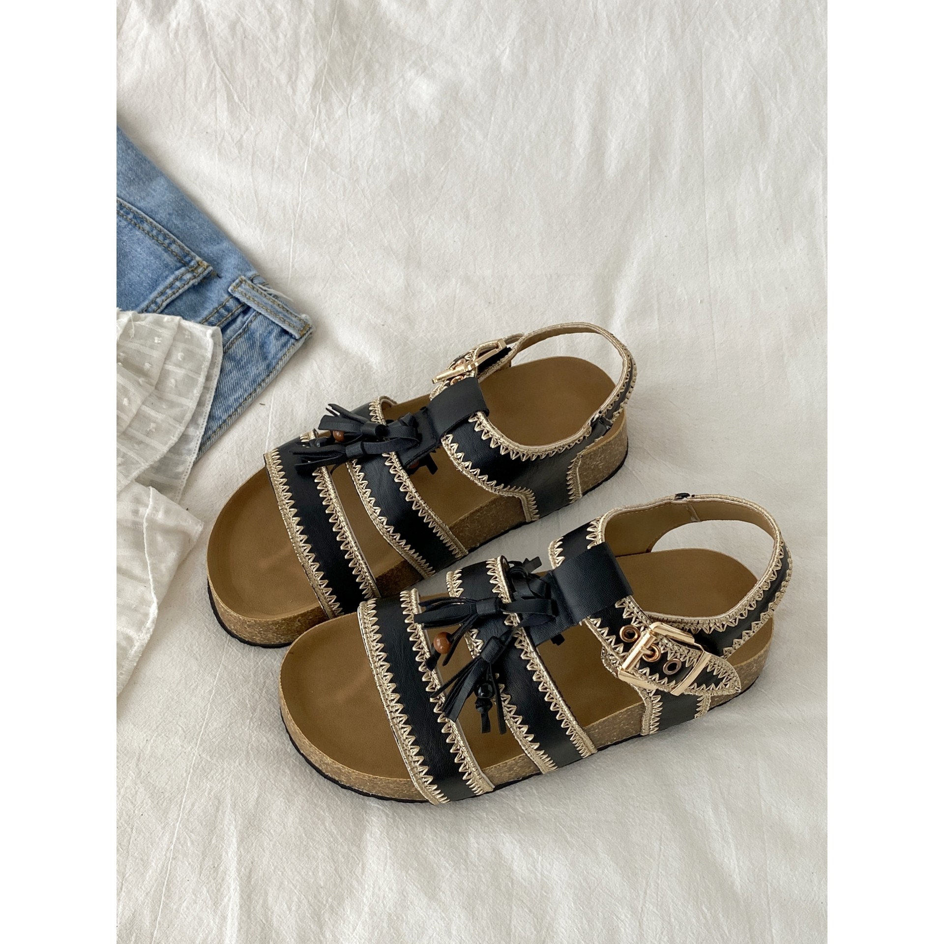 喜叔 绝美流苏罗马凉鞋女款夏季外穿配裙子勃肯凉拖鞋厚底沙滩鞋,淘宝优惠券,粉丝福利购,淘宝优惠卷