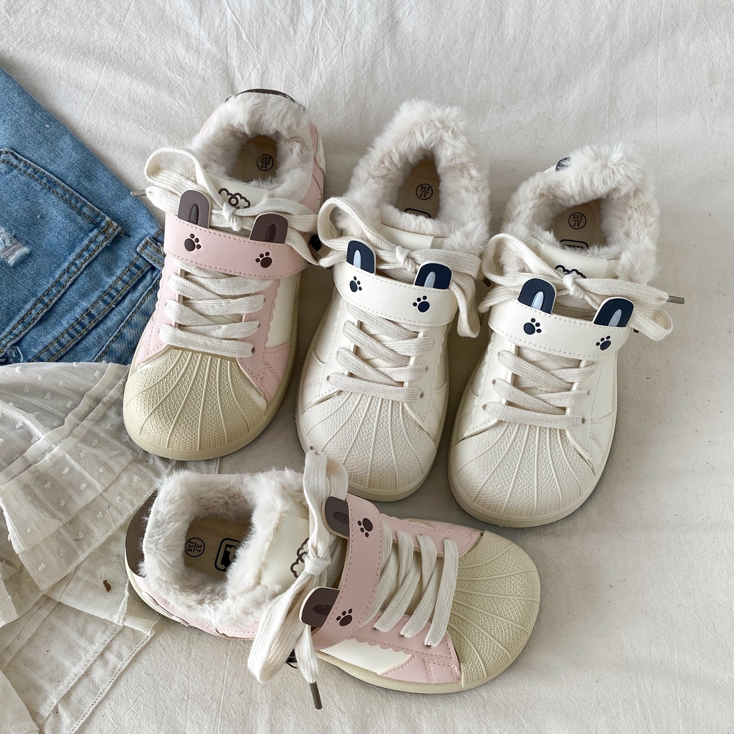 喜叔丑萌小众粉色二棉鞋女2025新款冬季加绒贝壳头板鞋厚底小白鞋,淘宝优惠券,粉丝福利购,淘宝优惠卷