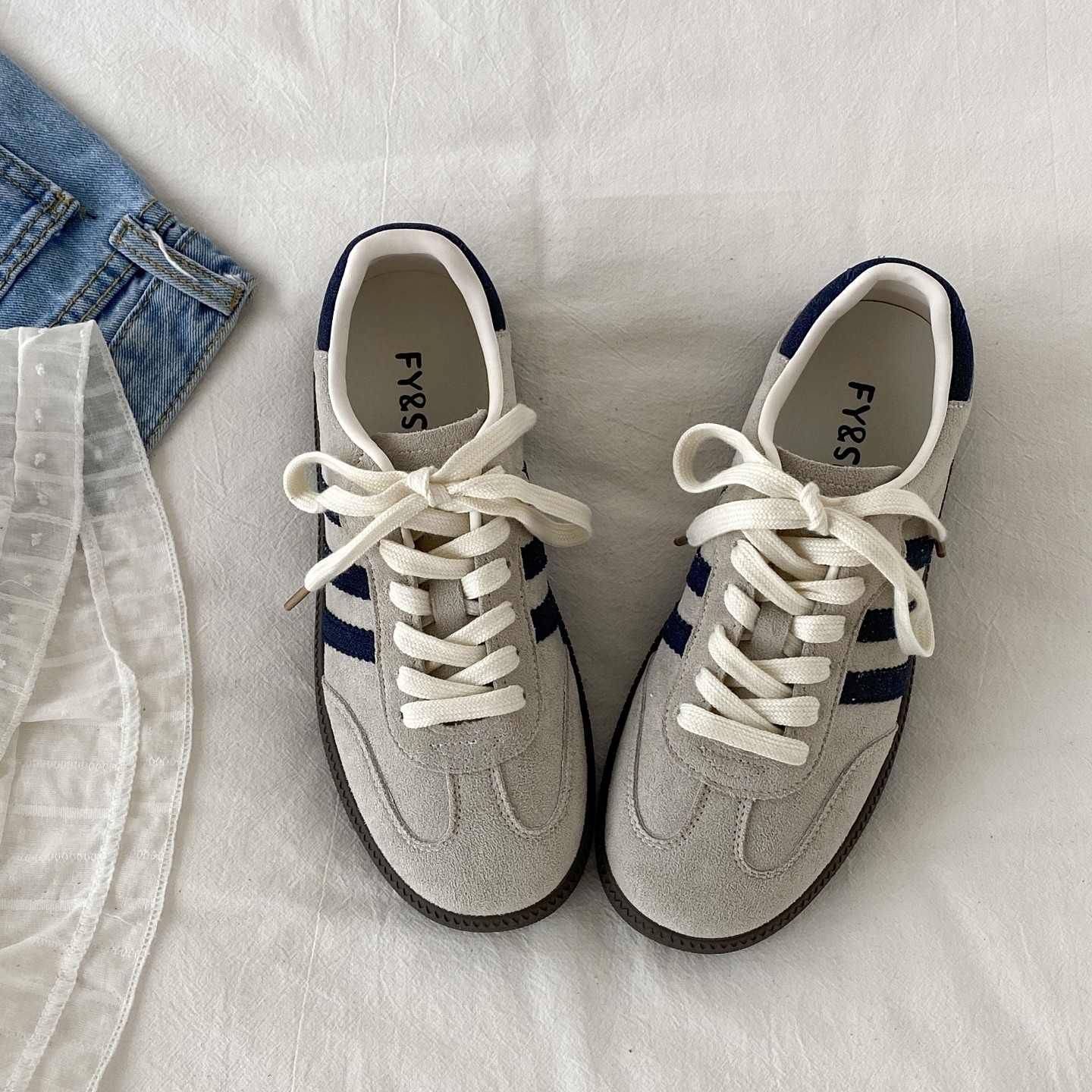 喜叔复古灰蓝拼色德训鞋女款秋季百搭厚底阿甘板鞋学生休闲运动鞋,淘宝优惠券,粉丝福利购,淘宝优惠卷