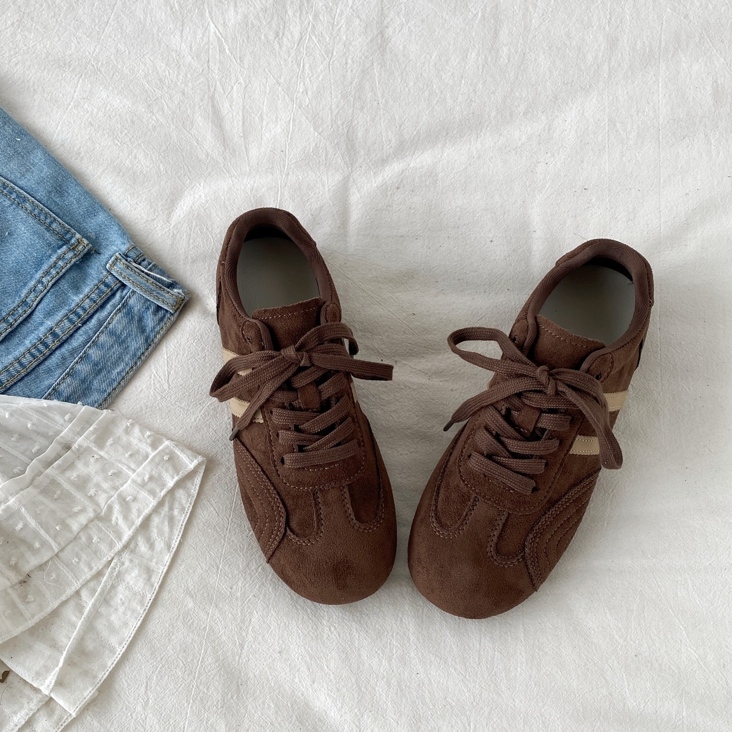 喜叔 棕色复古德训鞋女2026春季新款平底阿甘板鞋系带休闲运动鞋,淘宝优惠券,粉丝福利购,淘宝优惠卷