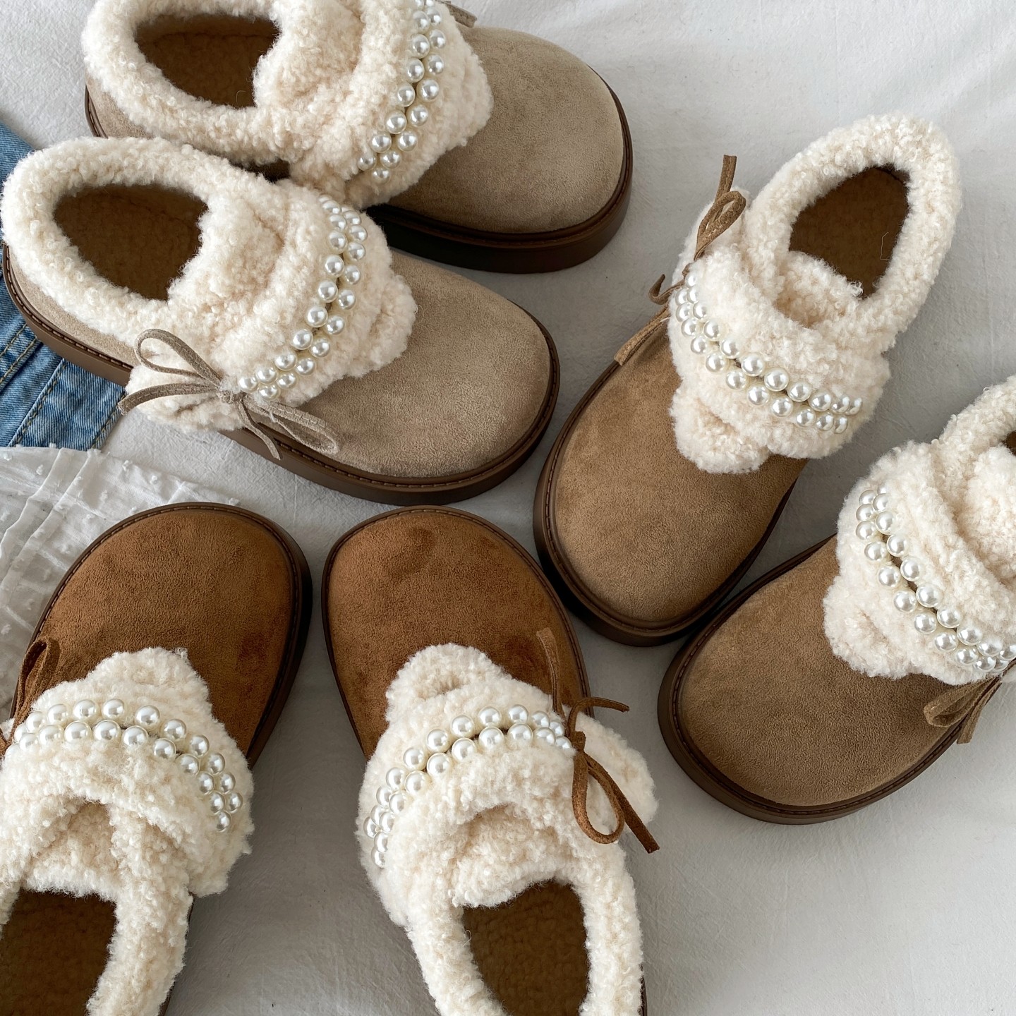 喜叔法式珍珠蝴蝶结加绒勃肯鞋女冬季外穿保暖厚底毛毛棉鞋雪地靴,淘宝优惠券,粉丝福利购,淘宝优惠卷