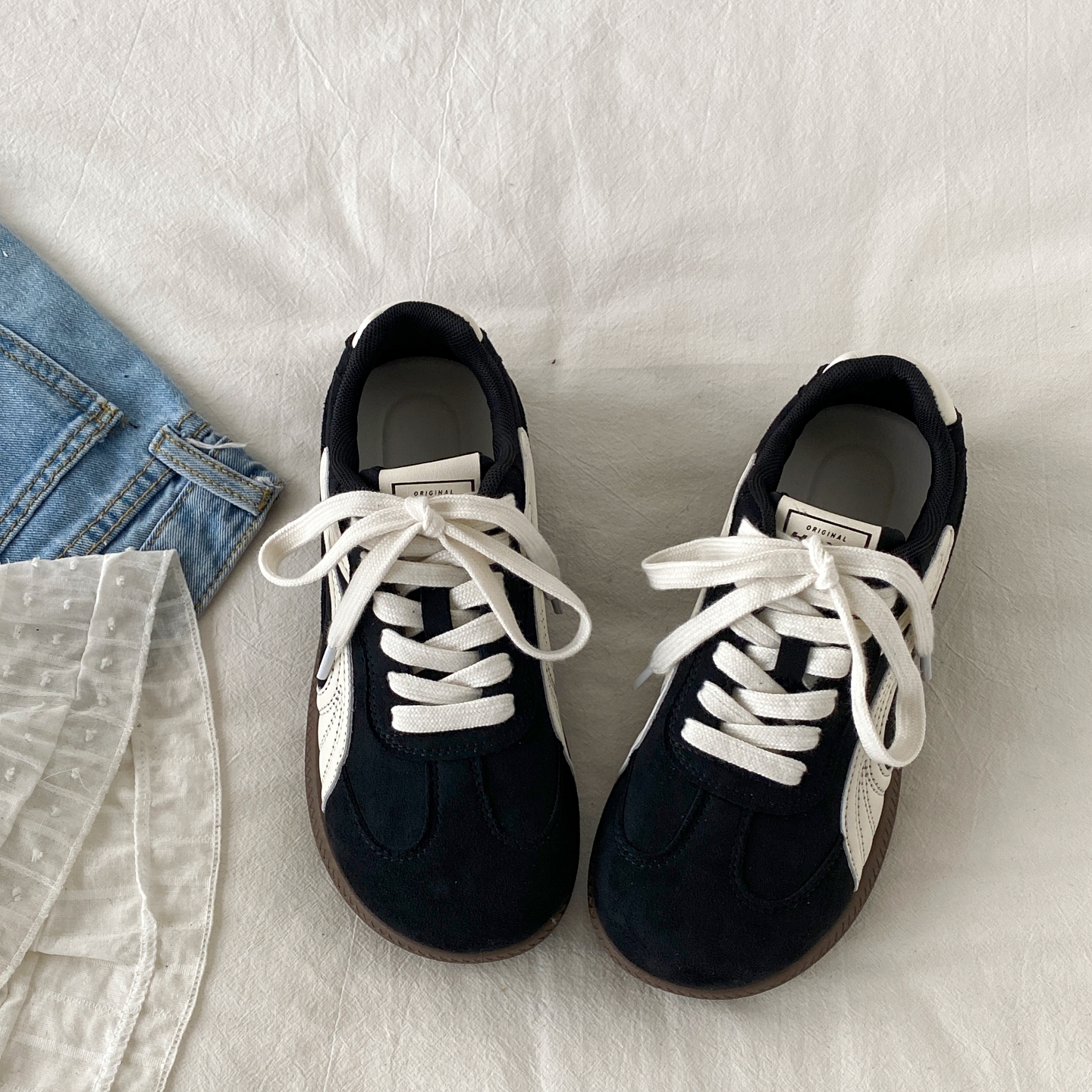 喜叔 丑萌黑色厚底德训鞋女2025新款秋季阿甘板鞋复古休闲运动鞋 - 图0