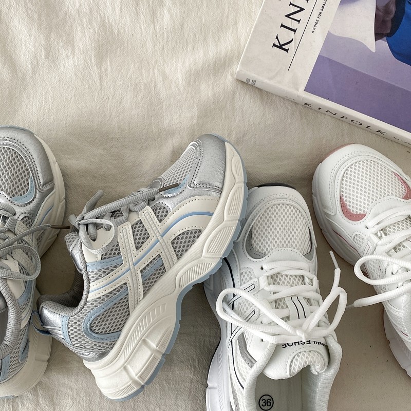 喜叔 爆款银色双网透气运动鞋女2025新款夏季厚底休闲老爹鞋ins潮,淘宝优惠券,粉丝福利购,淘宝优惠卷