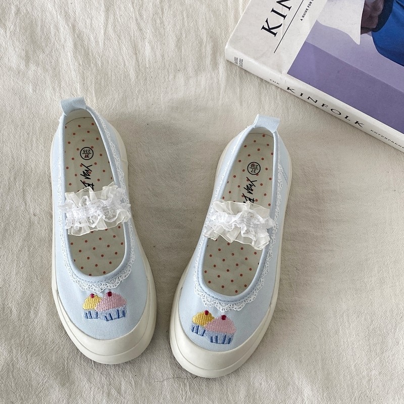 喜叔蕾丝花边玛丽珍鞋女2025新款夏季配裙子一脚蹬帆布鞋软底单鞋,淘宝优惠券,粉丝福利购,淘宝优惠卷
