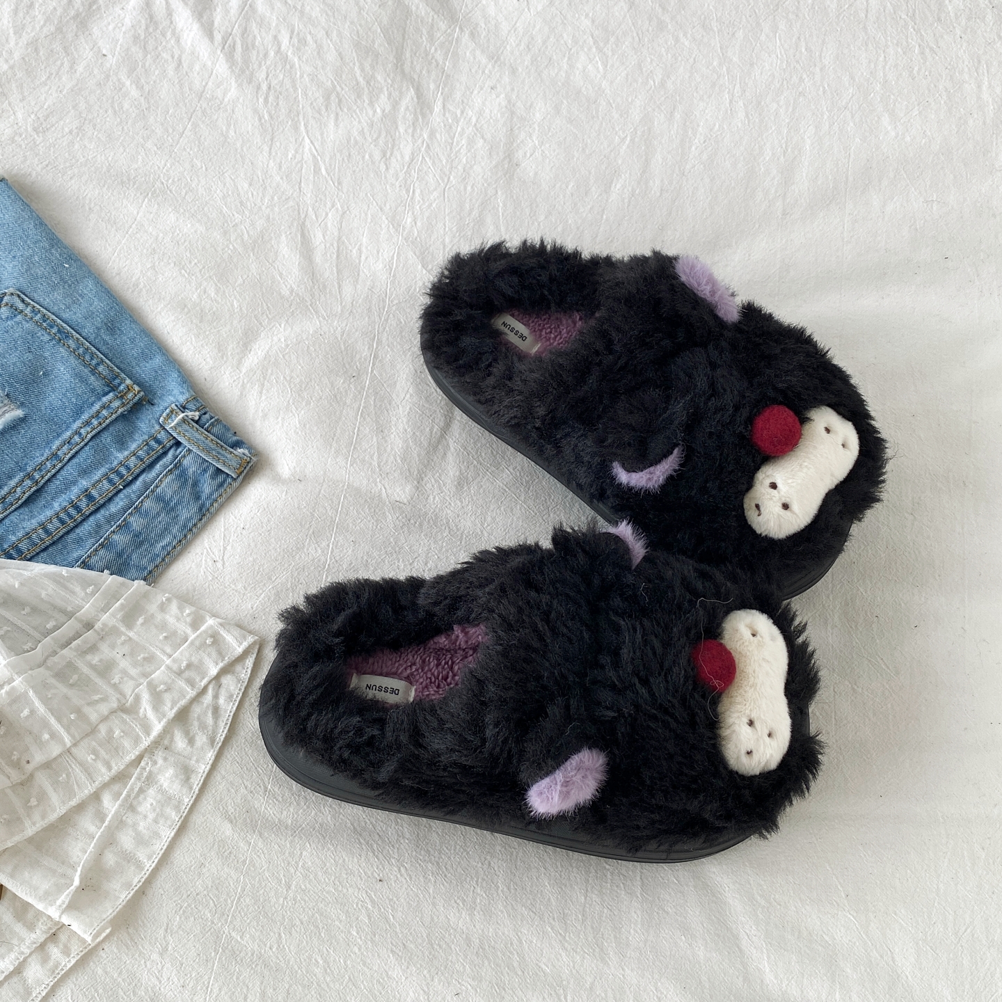 喜叔 灰色可爱卡通毛绒棉拖鞋女外穿秋冬季保暖室内防滑毛毛拖鞋 - 图2