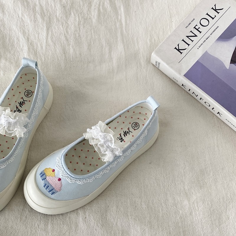 喜叔蕾丝花边玛丽珍鞋女2025新款夏季配裙子一脚蹬帆布鞋软底单鞋,淘宝优惠券,粉丝福利购,淘宝优惠卷