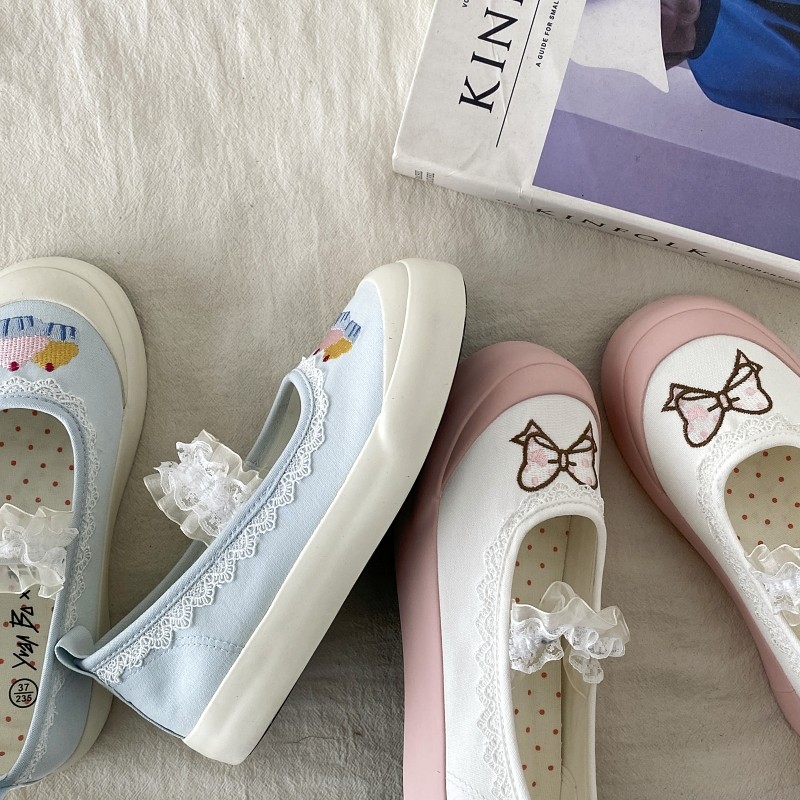 喜叔蕾丝花边玛丽珍鞋女2025新款夏季配裙子一脚蹬帆布鞋软底单鞋,淘宝优惠券,粉丝福利购,淘宝优惠卷