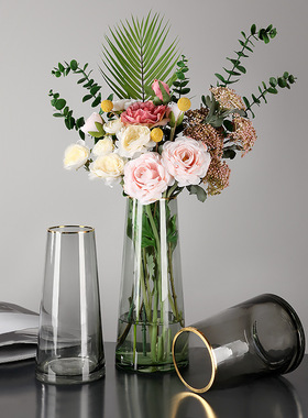 SHPIN BHM轻奢描金玻璃透明花瓶摆件客厅插花水培餐桌电视柜家居