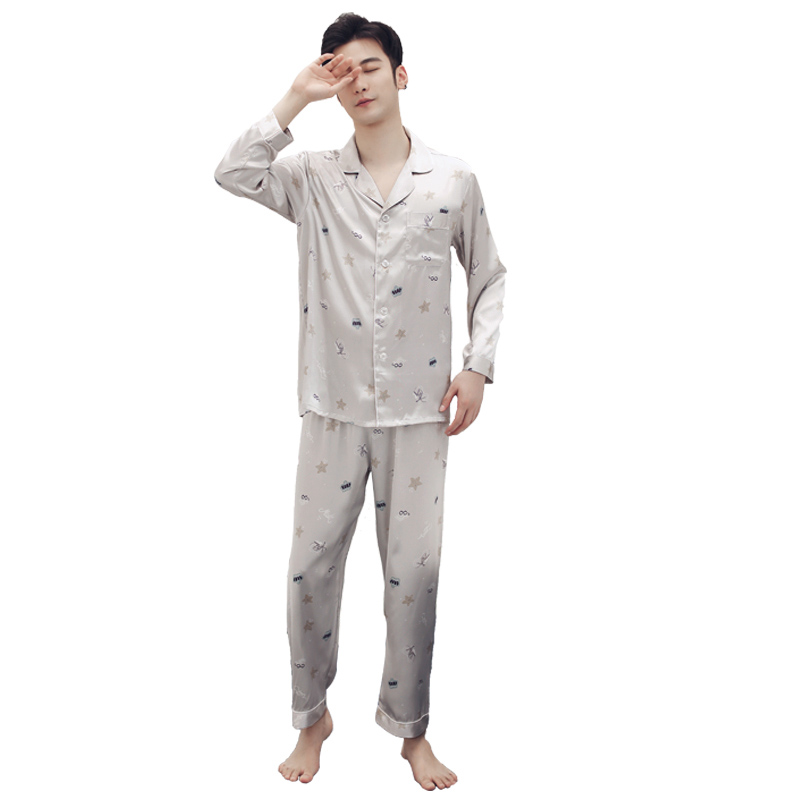 尚致内衣旗舰店尚致睡衣男春秋长袖仿真丝绸薄款冰丝男士休闲宽松大码家居服套装3