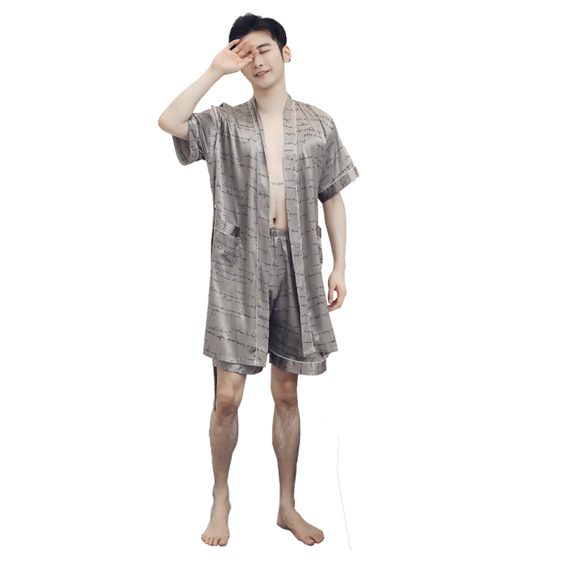 尚致内衣旗舰店尚致睡袍男夏季冰丝薄款短袖浴袍长款青年仿真丝绸春夏天男士睡衣3