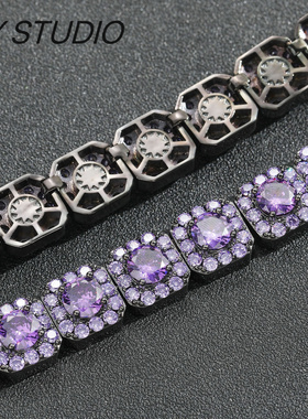 嘻哈潮牌项链紫色锆石12MM冰糖链原创潮人小众锁骨链男士街头项链