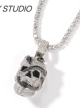 新款嘻哈潮牌盘蛇骷髅头吊坠项链铜镶锆石街头复古潮男士吊坠链子