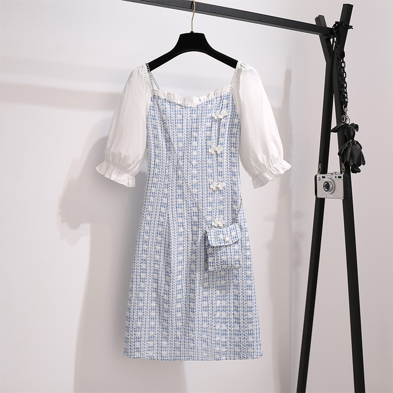 初黎旗舰店方领格子连衣裙夏季法式桔梗初恋小个子温柔风中国风改良旗袍裙子2