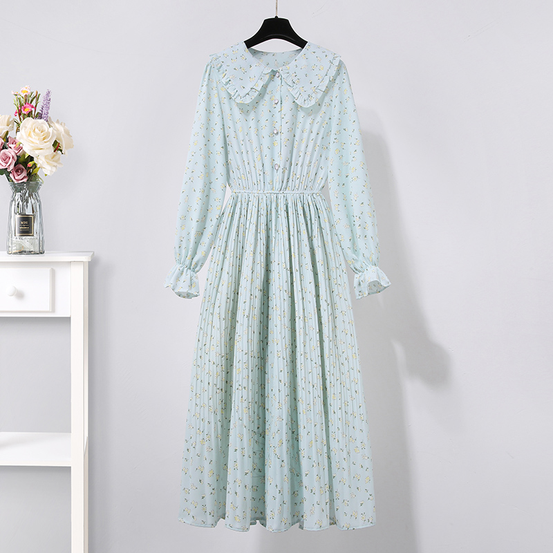 初黎旗舰店2022年春季新款女小众设计西装百褶裙子两件套绿色雪纺碎花连衣裙2