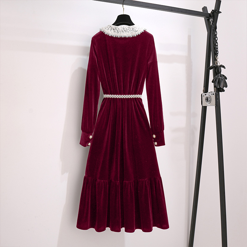 初黎旗舰店红色金丝绒连衣裙女秋冬本命年战袍女装法式新年惊艳年会礼服裙子2