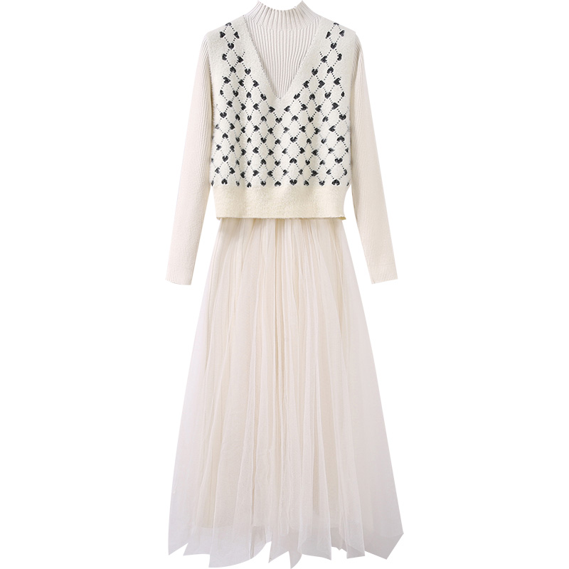 初黎旗舰店针织马甲连衣裙两件套装女秋冬季别致高级感打底内搭毛衣裙中长款3