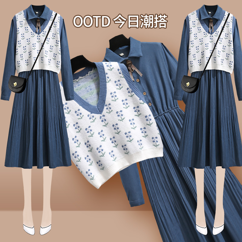 初黎旗舰店灯芯绒连衣裙早秋红色丝绒针织背心两件套冬季年新款女打底裙0