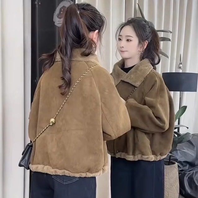 羊羔毛外套女加绒加厚冬季2025新款高级感小个子麂皮绒上衣短外套,淘宝优惠券,粉丝福利购,淘宝优惠卷