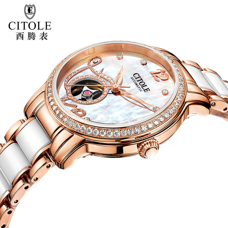 西腾专柜正品白陶瓷全自动镶钻女表 玛丽莎手表国产腕表