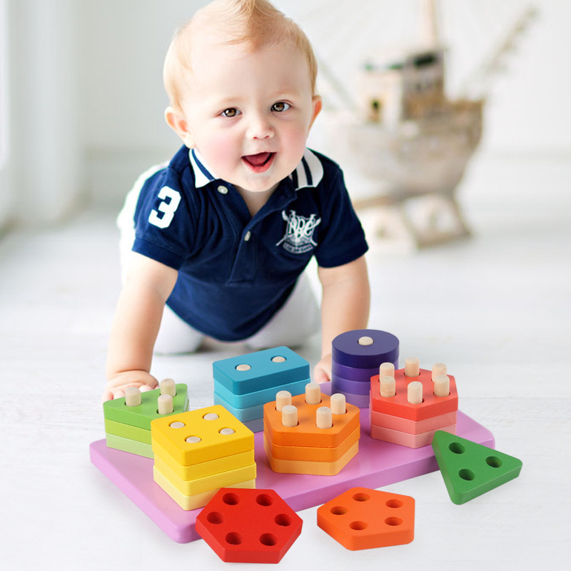 儿童几何形状套柱益智启蒙早教配对积木颜色认知教具木制幼儿玩具 - 图1