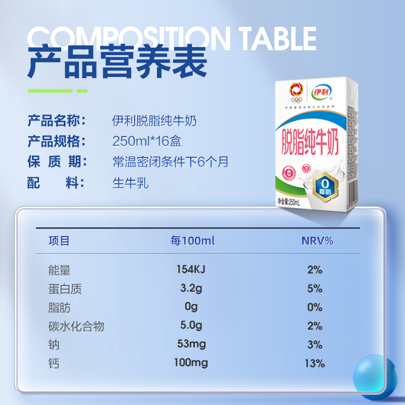 伊利官方旗舰店脱脂纯牛奶250ml*16盒整箱牛奶早餐家庭 限时