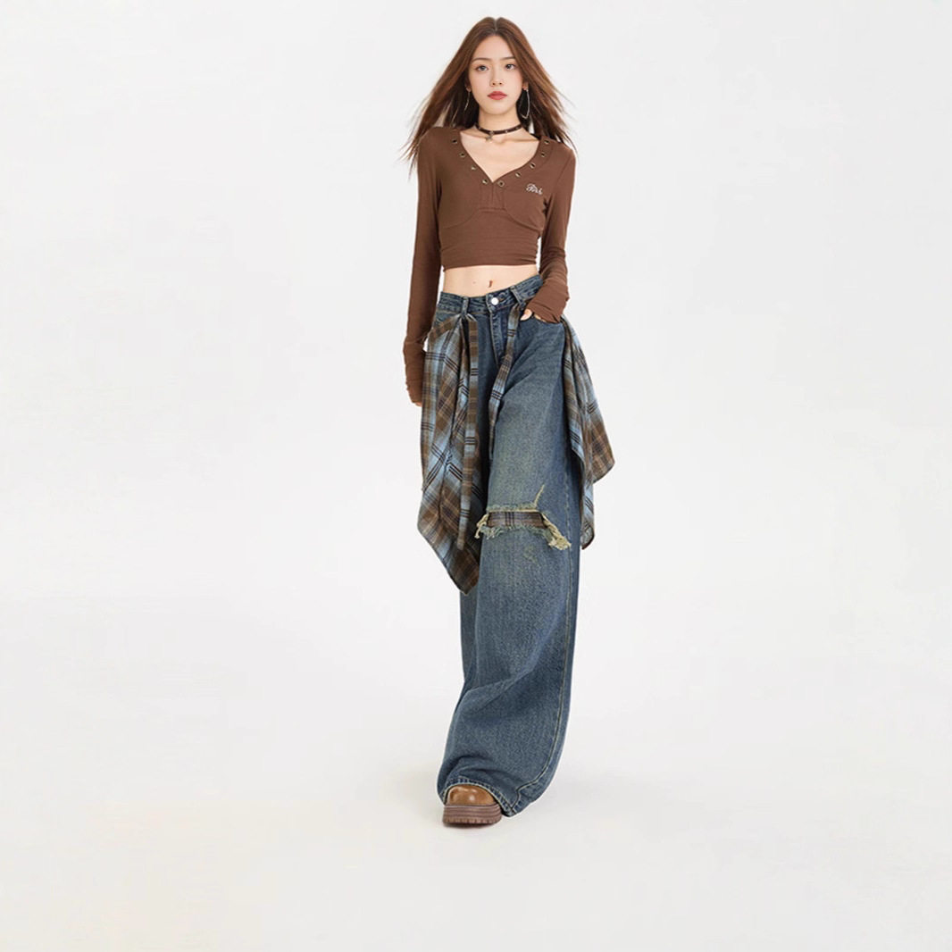 可拆卸屁帘阔腿牛仔裤女2025秋季新款高腰设计感假破洞宽松直筒裤,淘宝优惠券,粉丝福利购,淘宝优惠卷