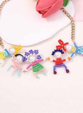 日韩创意卡通手工米珠趣味立体小人锁骨链      休闲  可爱时尚风