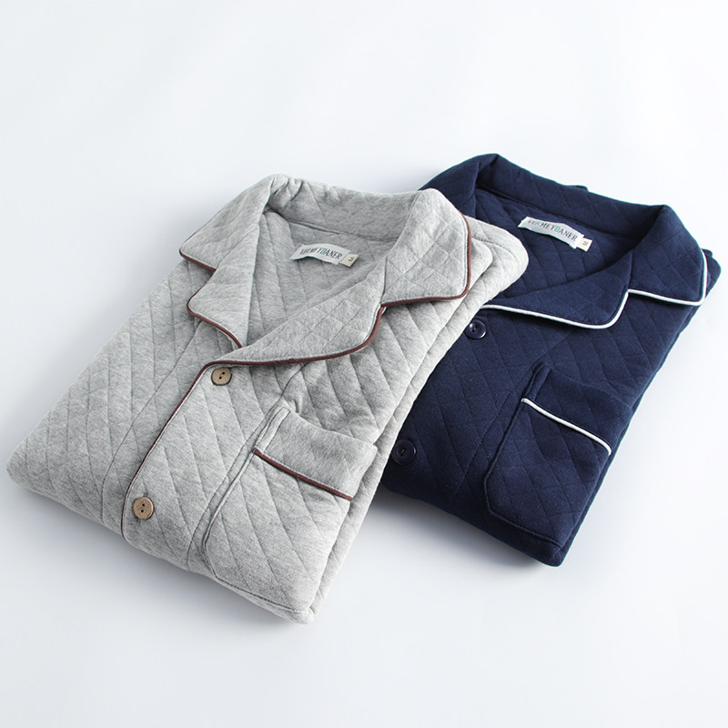 空气层夹棉睡衣男秋冬季纯棉加厚保暖纯色开衫简约宽松家居服套装,淘宝优惠券,粉丝福利购,淘宝优惠卷