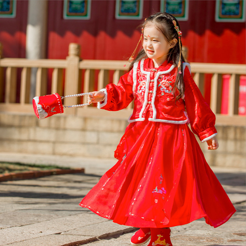 汉服女童冬装中国风古装加绒加厚宝宝拜年服新年装过年唐装礼服 - 图0