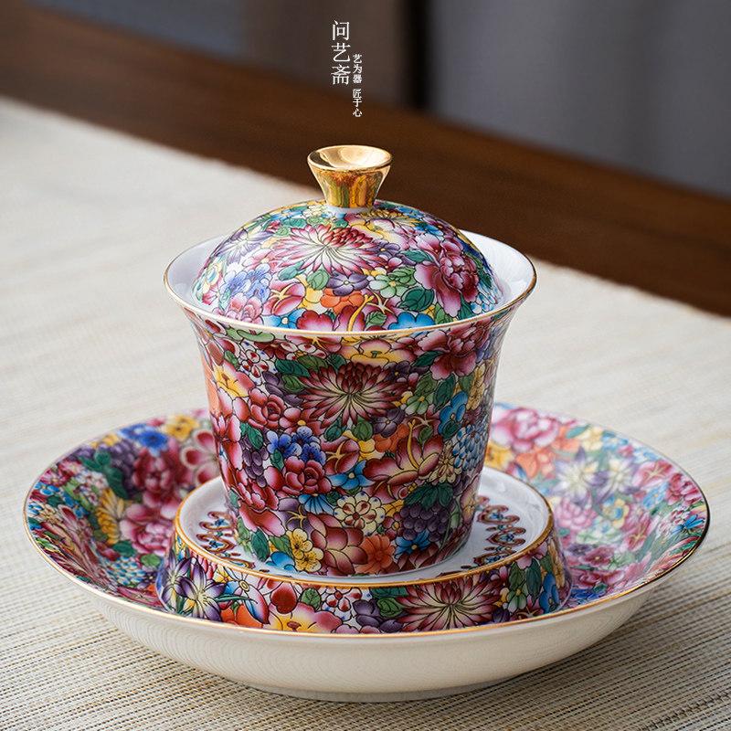 中国　古七宝琺瑯彩　花文　蓋碗　台座付　M　R3978 中国 古七宝琺瑯彩 花文 蓋碗 台座付 M R3978 中国 古七宝琺瑯