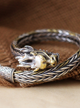 男士纯银复古色龙头手链
