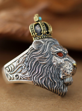 霸气狮王纯银戒指男款复古风