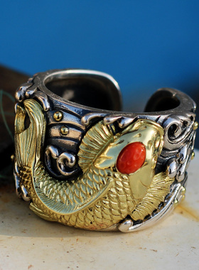 鸿运当头锦鲤纯银戒指民族风