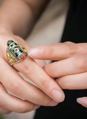 复古二眼天珠纯银指环