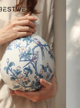 Bestwest新中式青花瓷花瓶摆件