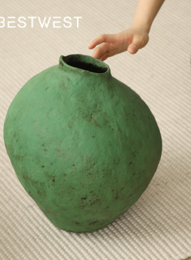 侘寂风手工磨砂绿粗陶花瓶