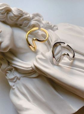 韩版复古个性不规则开口戒指女简约S925银弧形跳动网红食指戒饰品