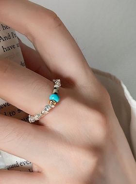 韩版小众设计串珠玉石戒指女ins轻奢风时尚百搭高级感弹力指环潮