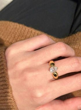 中古Vintage白钻戒指女ins轻奢高级感小众锆石金色开口食指戒指环