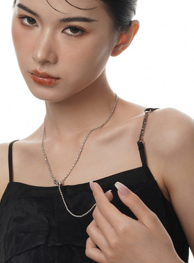 X2093 个性抽拉项链配饰百搭小众S925纯银简约长款纹理米珠项饰女