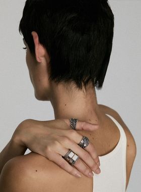 Shell Chain Ring 做旧银方形贝母链条戒指