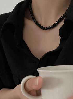 s925纯银 黑玛瑙项链女 fever同款暗黑风简约百搭手工串珠锁骨链