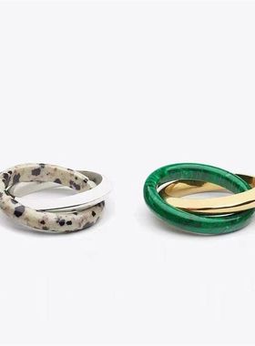 【K社制造】个性时尚双圈叠戴指环天然石孔雀石组合复古戒指