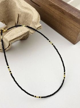 fever同款新中式手工串珠极细黑尖晶项链女 简约优雅小金珠锁骨链