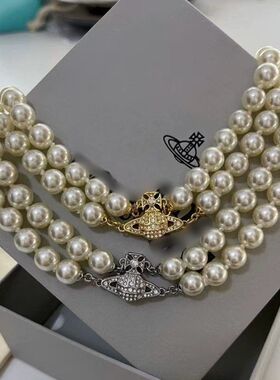 土星双层珍珠磁扣项链高版本轻奢百搭锁骨链